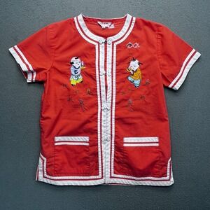 Vintage Plum Blossoms Red Embroidered Frog Button Top Short Sleeve Size 10